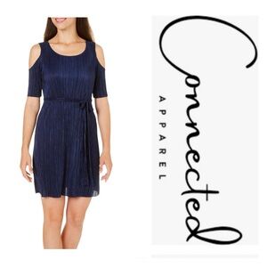 Connected Micropleat Office Brunch Cold Shoulder Stretchy Navy Shift Dress 14P